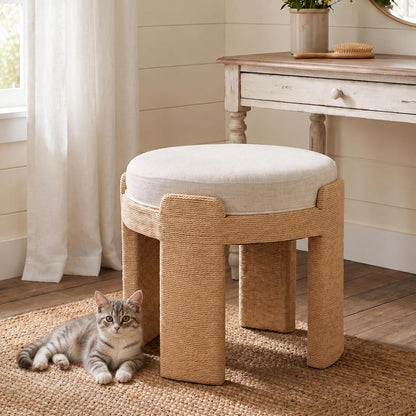 Round Foot Stool Ottoman Set of 2, Boho Hand-Woven Rope Upholstered Accent Footrest Vanity Stool Fully Assembled for Bedroom Living Room, Beige Linen
