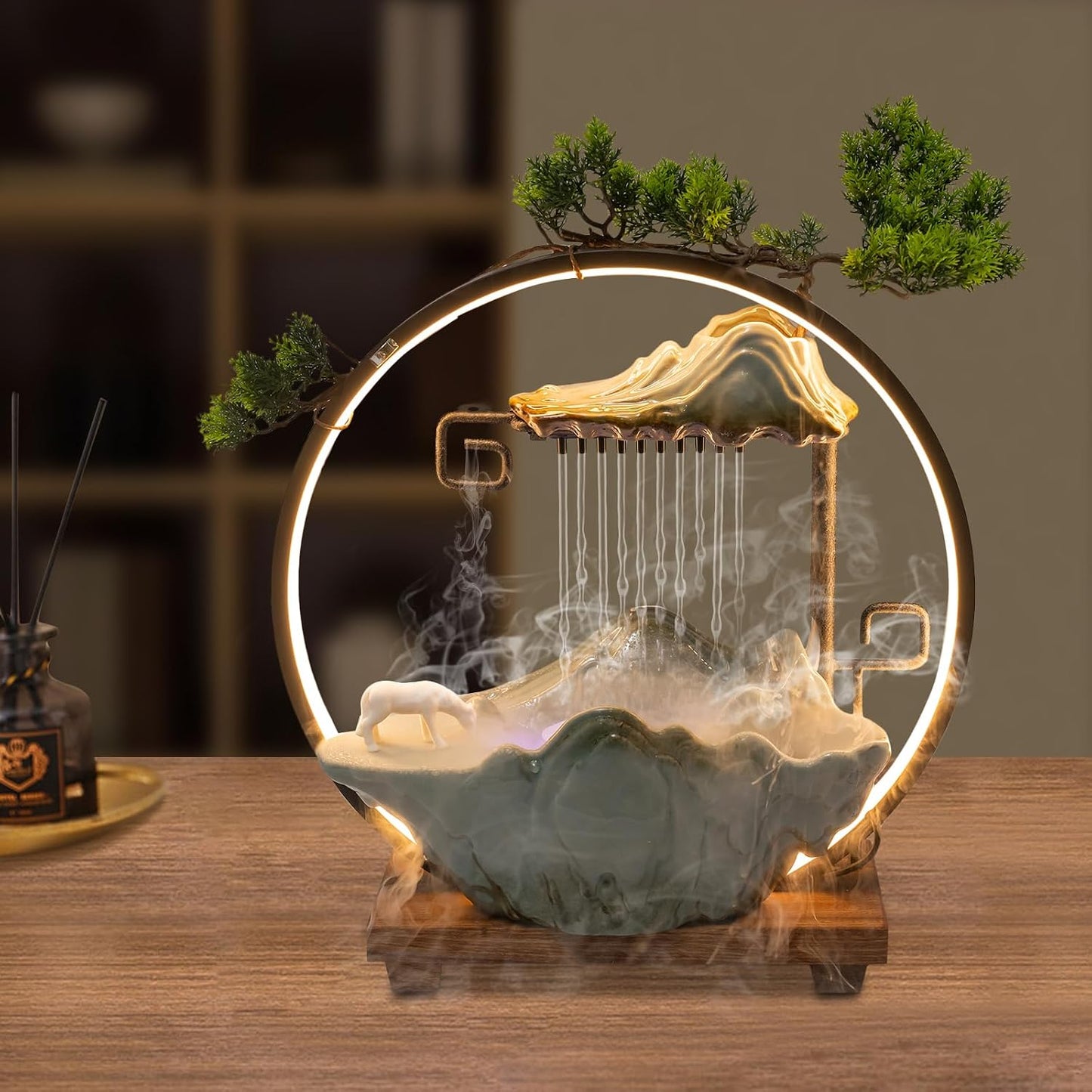 Mini Artificial Bonsai Tree Waterfall Fog Feature Rock Tabletop Fountain | 11in Desktop Decor Waterfall Fountain W/ Water Pump& Atomizer&LED Lights &Fake Tree Office Bedroom Relax