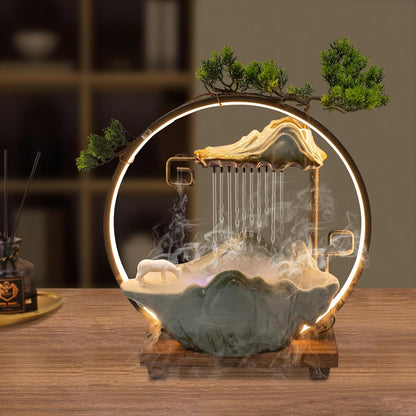 Mini Artificial Bonsai Tree Waterfall Fog Feature Rock Tabletop Fountain | 11in Desktop Decor Waterfall Fountain W/ Water Pump& Atomizer&LED Lights &Fake Tree Office Bedroom Relax