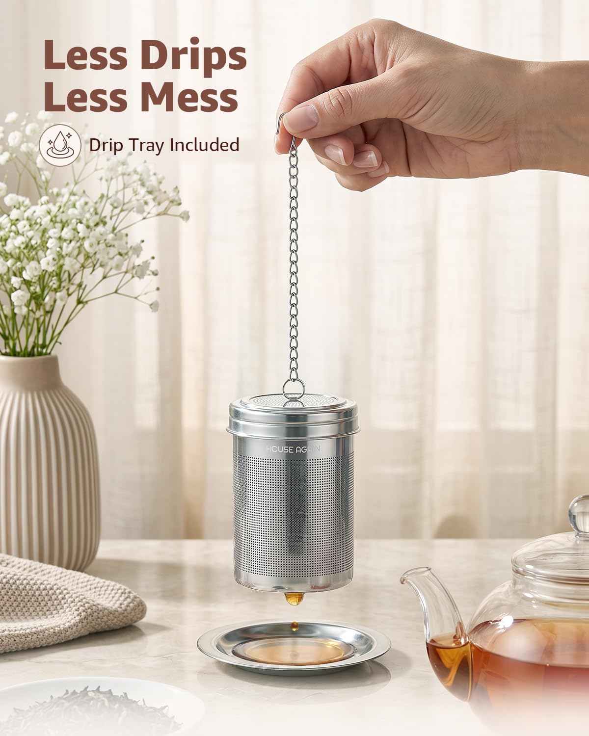 HOUSE AGAIN Tea Infuser, Extra Fine Mesh Tea Infusers for Loose Tea, 18/8 Stainless Steel Tea Strainer with Extended Chain Hook, Tea Steeper for Brew Tea, Spices & Seasonings Small × 2