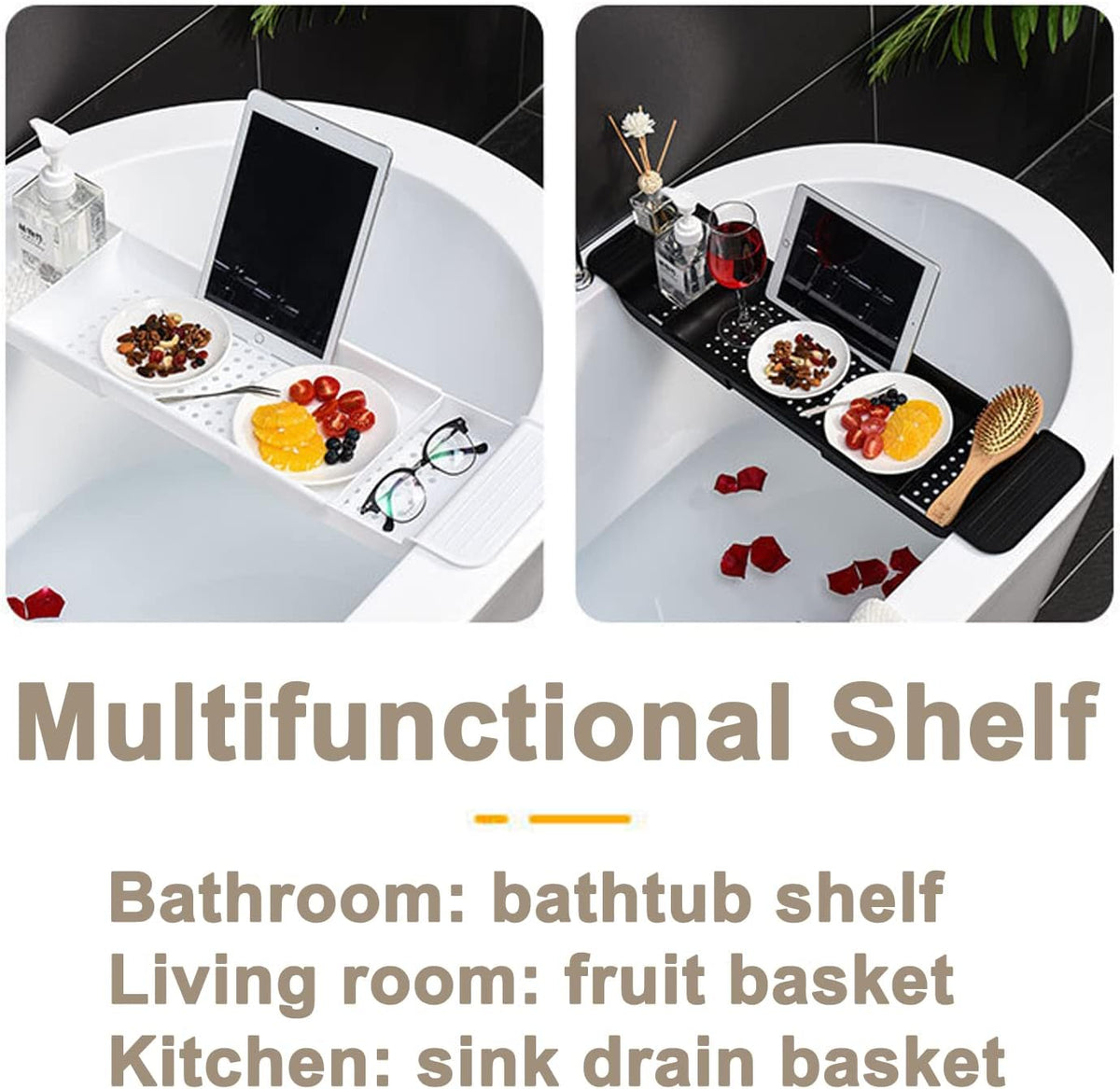 Expandable Drain Bath Shelf Caddy Tray, Multifunctional Plastic Bathtub Tray Bathroom Organizer Simple Stylish Bathtub Storage Rack for Candle Towel, Book, Wine, Phone, Shower