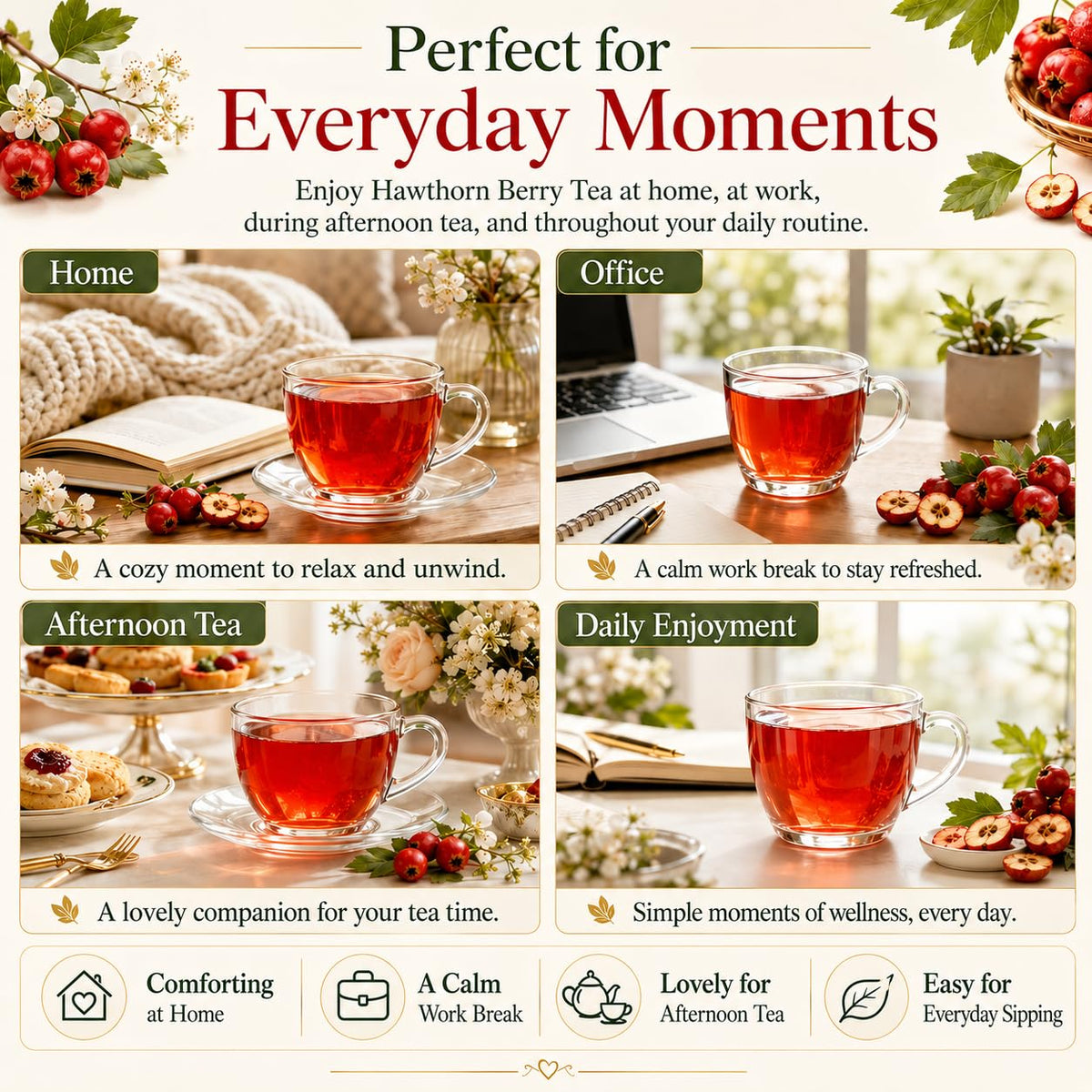 WOTIHA Hawthorn Berry Tea Bags, 65 Count - 100% Natural Dried Herbal Tea