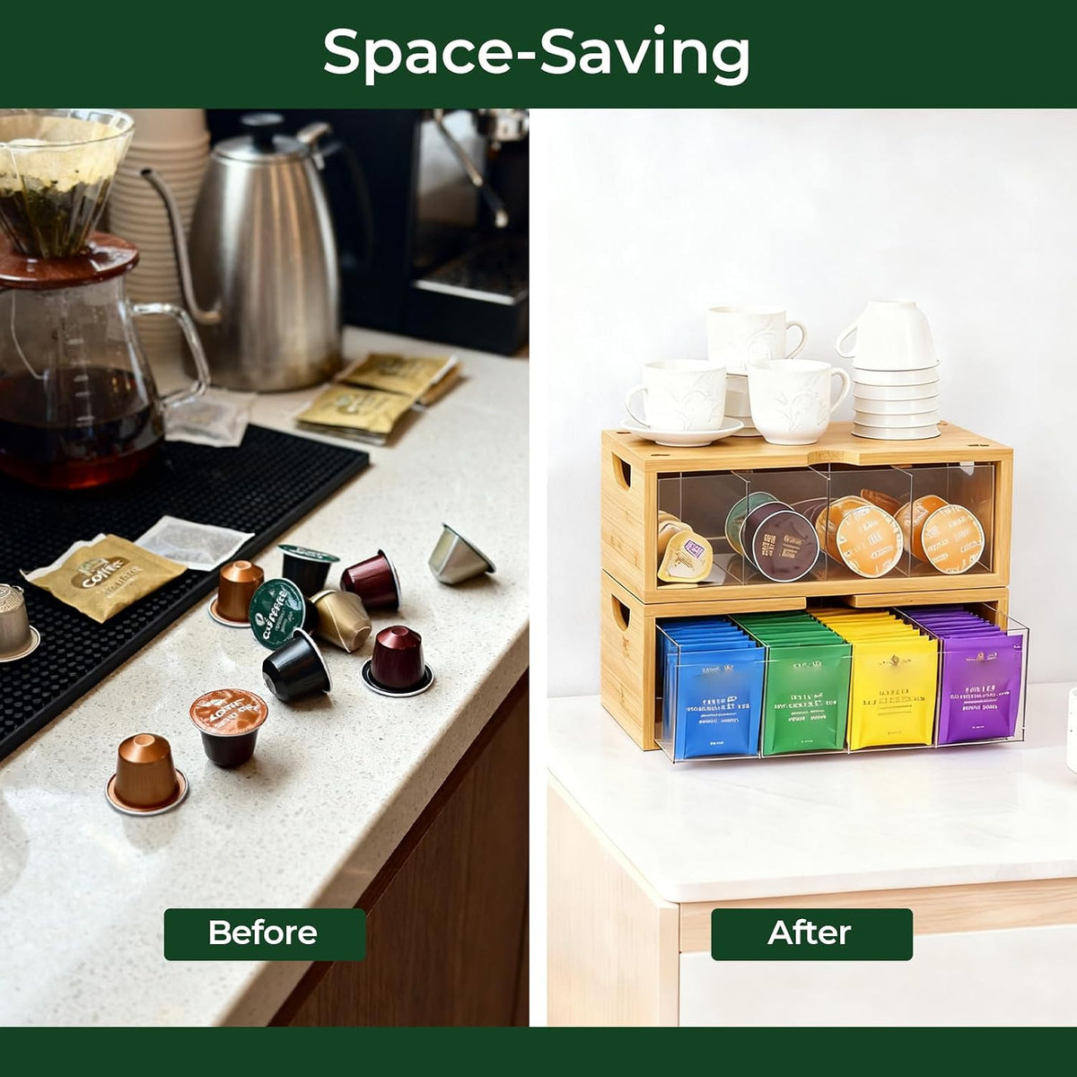 Bamboo Stackable Tea Bag Organizer, 2-Piece