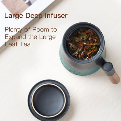 ZENS Embossed Ceramic Tea Mug with Infuser and Lid, 14.5 oz Wooden Handle, Loose Leaf Tea Steeper Cup & Strainer for Tea Lovers Gifts