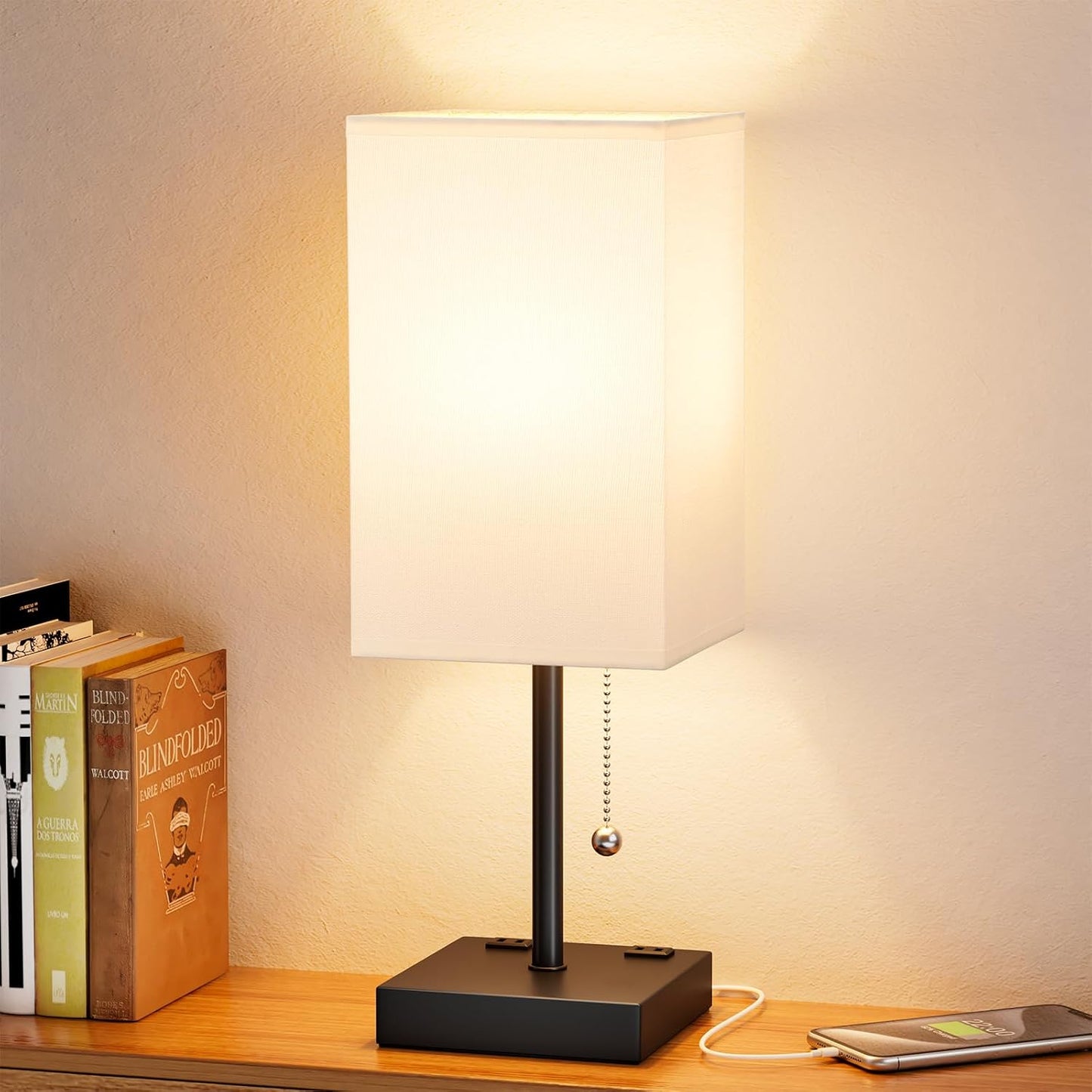 aooshine Small Table Lamp for Bedroom - Bedside Lamps for Nightstand, Minimalist Night Stand Light Lamp with Square Fabric Shade, Desk Reading Lamp for Kids Room Living Room Office Dorm