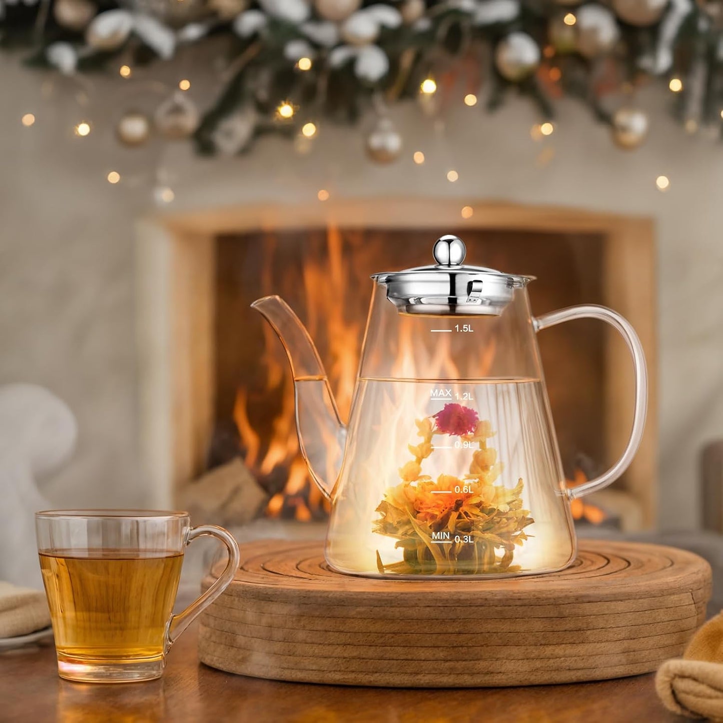 Glass Teapot, 1200ml (40oz) Tea Pot with Infuser for Loose Tea and Blooming Tea, Stovetop Safe Tea Kettle, Hand Crafted Borosilicate Glass Tea Maker with Scale Line, Tea Gift Set for Tea Lovers