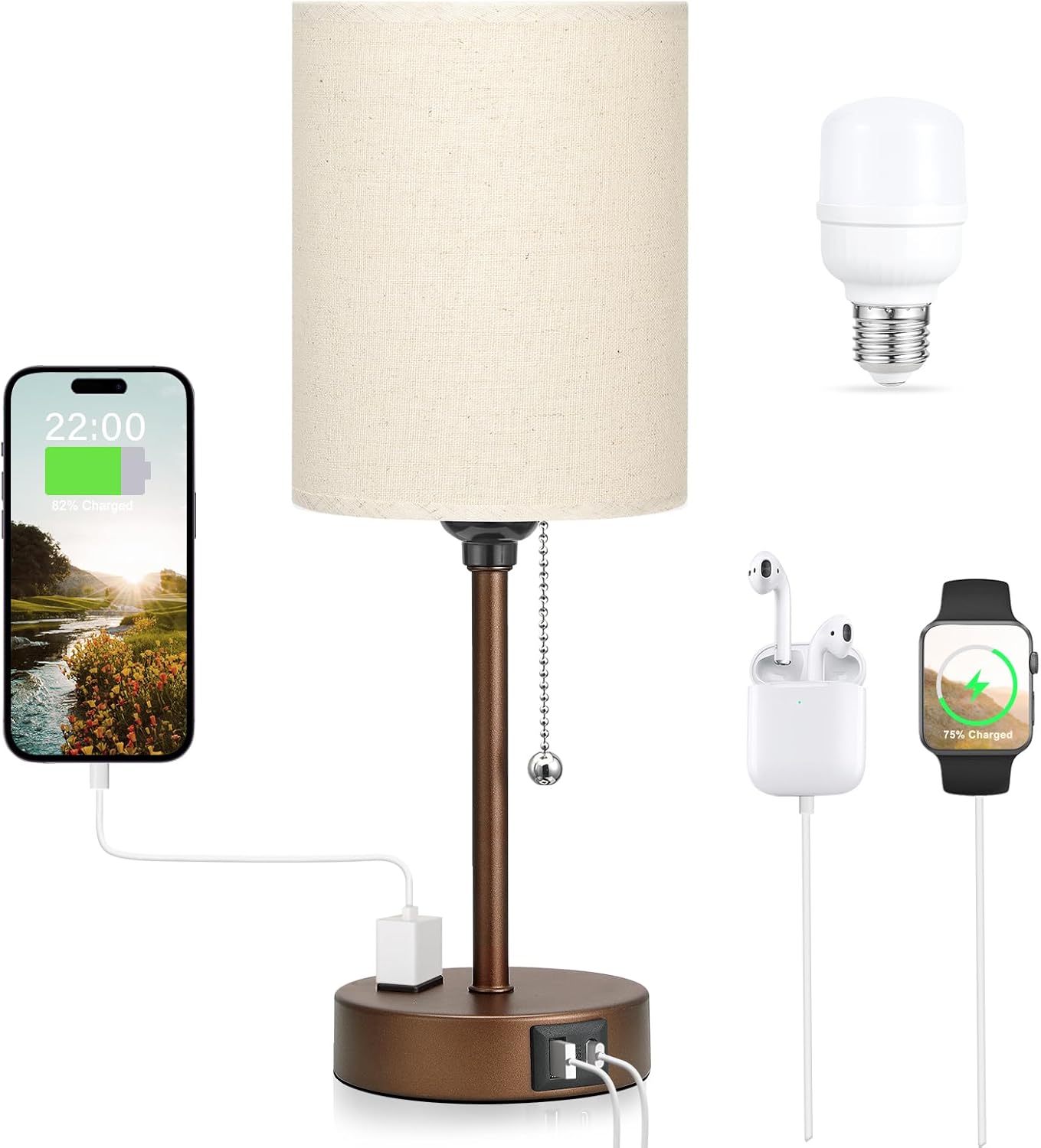 Small Bedside Table lamp for Bedroom - 3 Color Temperatures Bedside Lamps with USB C and A Ports, Pull Chain Table Lamps with AC Outlet, White Nightstand Lamps with Black Metal Base for Kids Reading