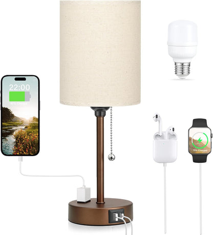 Small Bedside Table lamp for Bedroom - 3 Color Temperatures Bedside Lamps with USB C and A Ports, Pull Chain Table Lamps with AC Outlet, White Nightstand Lamps with Black Metal Base for Kids Reading