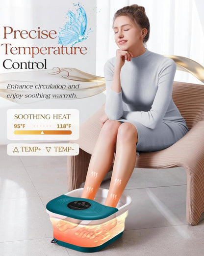 Collapsible Heated Foot Spa with Bubble and Red Light Temperature Control Foot Bath Massager and Soaking Tub Featuring 8 Shiatsu Massage Rollers Pumice Stone and Built-in Timer Ideal Gift for Wife,Mom