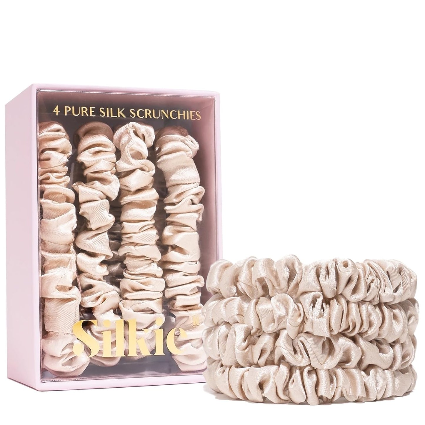 SILKIE x4 Set - Forget Satin - 100% Pure Mulberry Silk Black Brown Skinny Scrunchies Travel Pouch Everyday Hair Ties Elastics Hair Care Ponytail Holder No Damage (Chocolate)