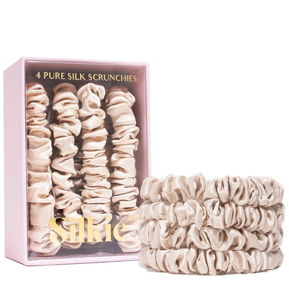 SILKIE x4 Set - Forget Satin - 100% Pure Mulberry Silk Black Brown Skinny Scrunchies Travel Pouch Everyday Hair Ties Elastics Hair Care Ponytail Holder No Damage (Chocolate)