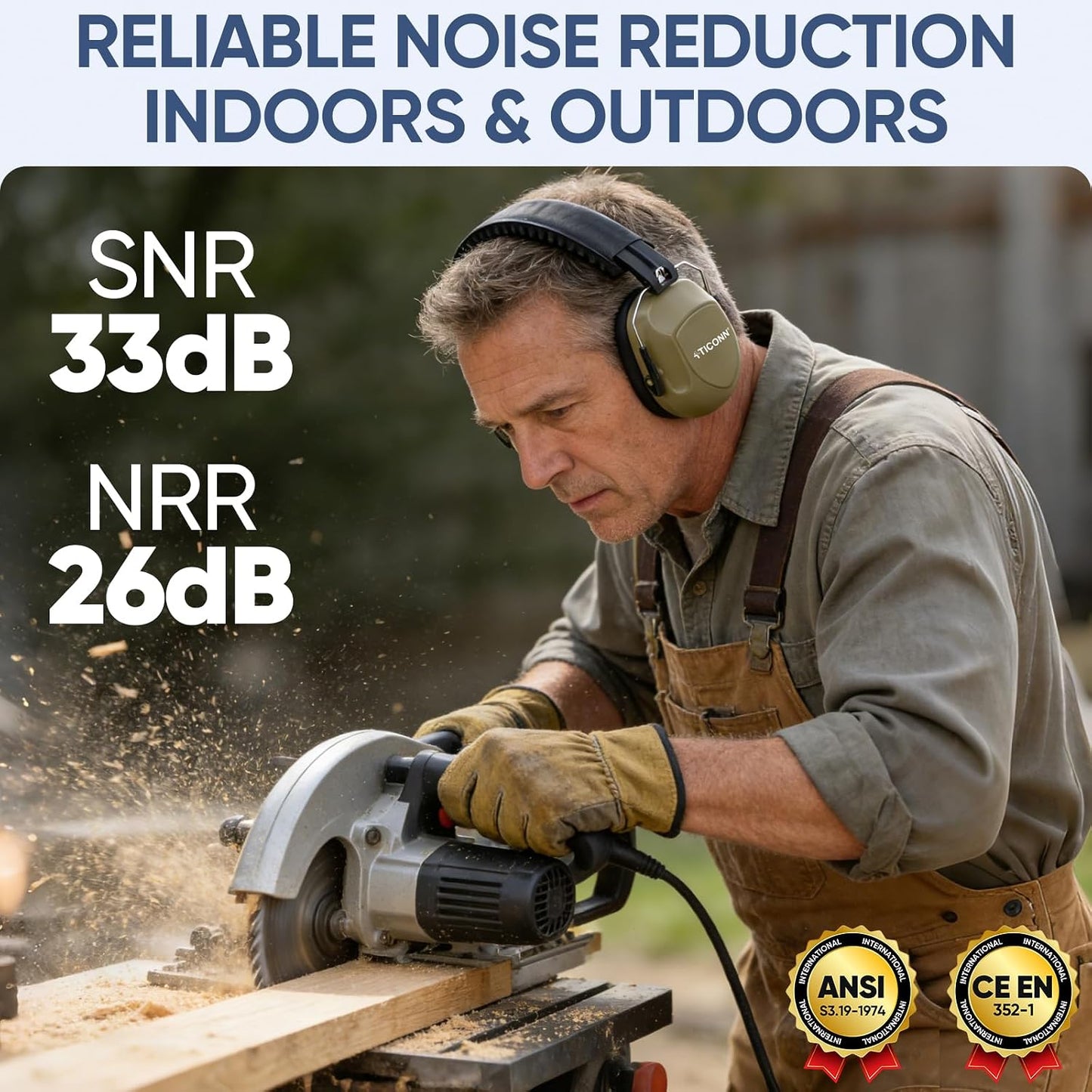 TICONN Noise Cancelling Ear Muffs for Adults, SNR 33dB Hearing Protection, Adjustable Safety Earmuffs for Construction