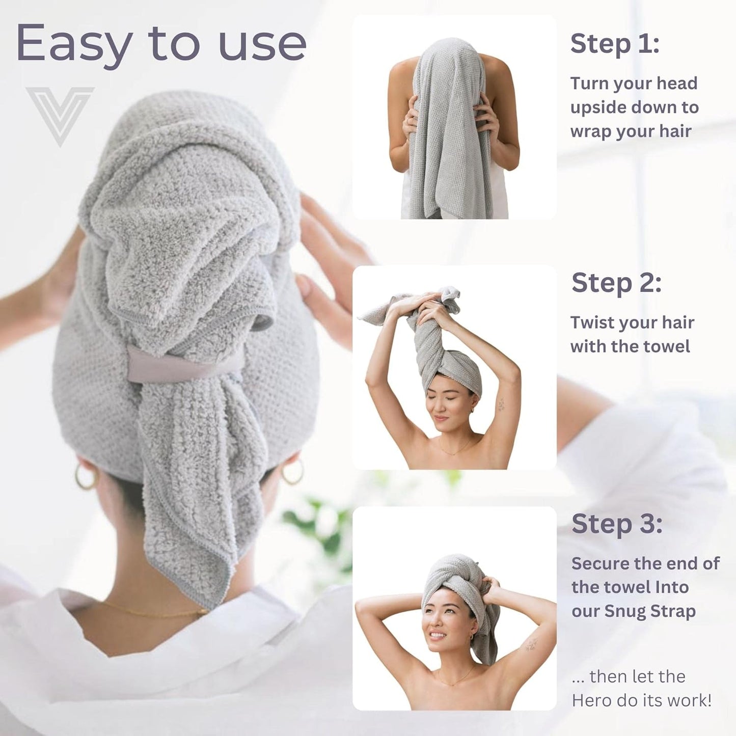 VOLO Hero Hair Towel – Ultra Soft Nanoweave™ Microfiber, Super Absorbent Quick Dry, Reduces Dry Time 50%, Anti-Frizz & Breakage, Secure Snug Strap, Large Wrap for All Hair Types - Luna Gray