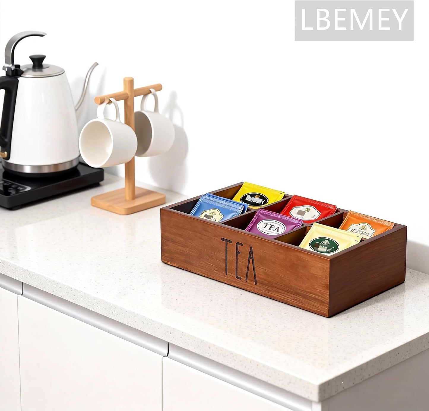 LBEMEY Tea Bag Organizer, Wood Tea Storage Containers with 6 Compartments, Sugar Packet Holder,Tea Bag Caddy Box for Cabinet Countertop Office (Brown-Labeled "Tea")