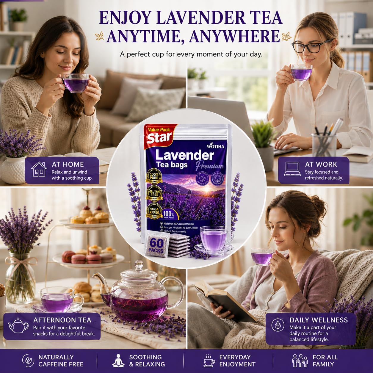 WOTIHA 60 Count Premium Chamomile Lavender Tea Bags - 100% Pure Flowers, Soothing Aroma, Supports Relaxation & Better Sleep, Caffeine-Free, Additive-Free, Sugar-Free, Vegan.Non-GMO