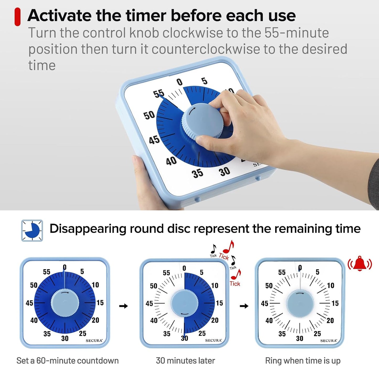 Secura 7.5 Inch Visual Timer, 60 Minute Visual Oversize Countdown Timer for Kids and Adults, Durable Mechanical Time Management Tool (Dark Green)