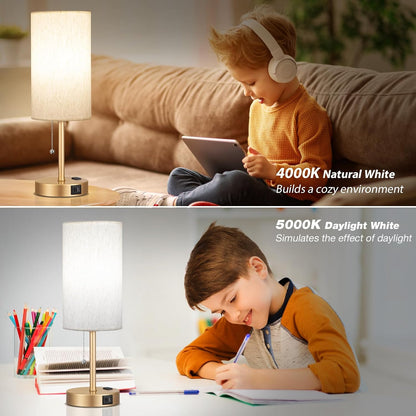 Small Bedside Table lamp for Bedroom - 3 Color Temperatures Bedside Lamps with USB C and A Ports, Pull Chain Table Lamps with AC Outlet, White Nightstand Lamps with Black Metal Base for Kids Reading