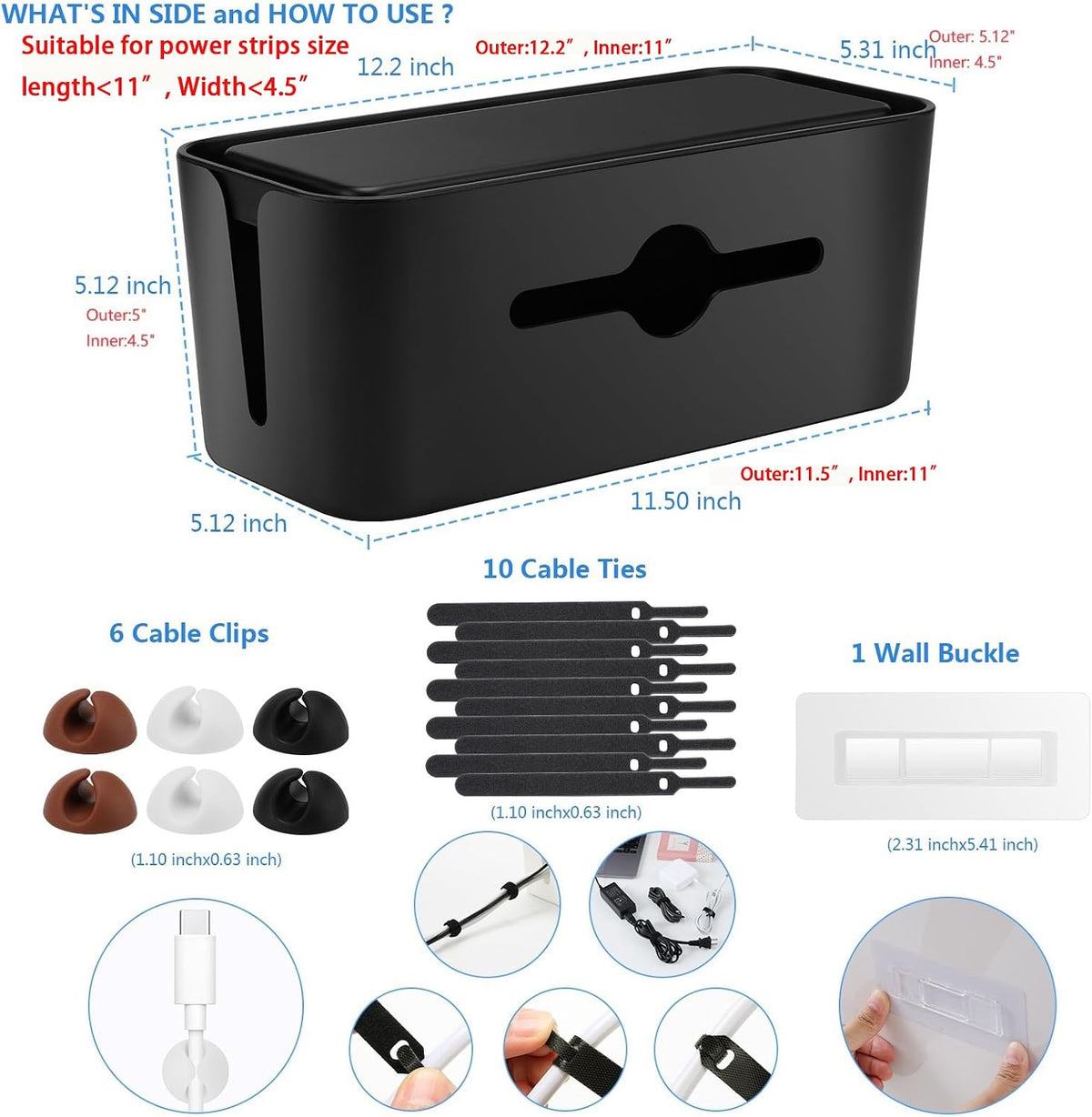 Cable Management Box,Cord Organizer for Home Office Cable Wire Hide,Black