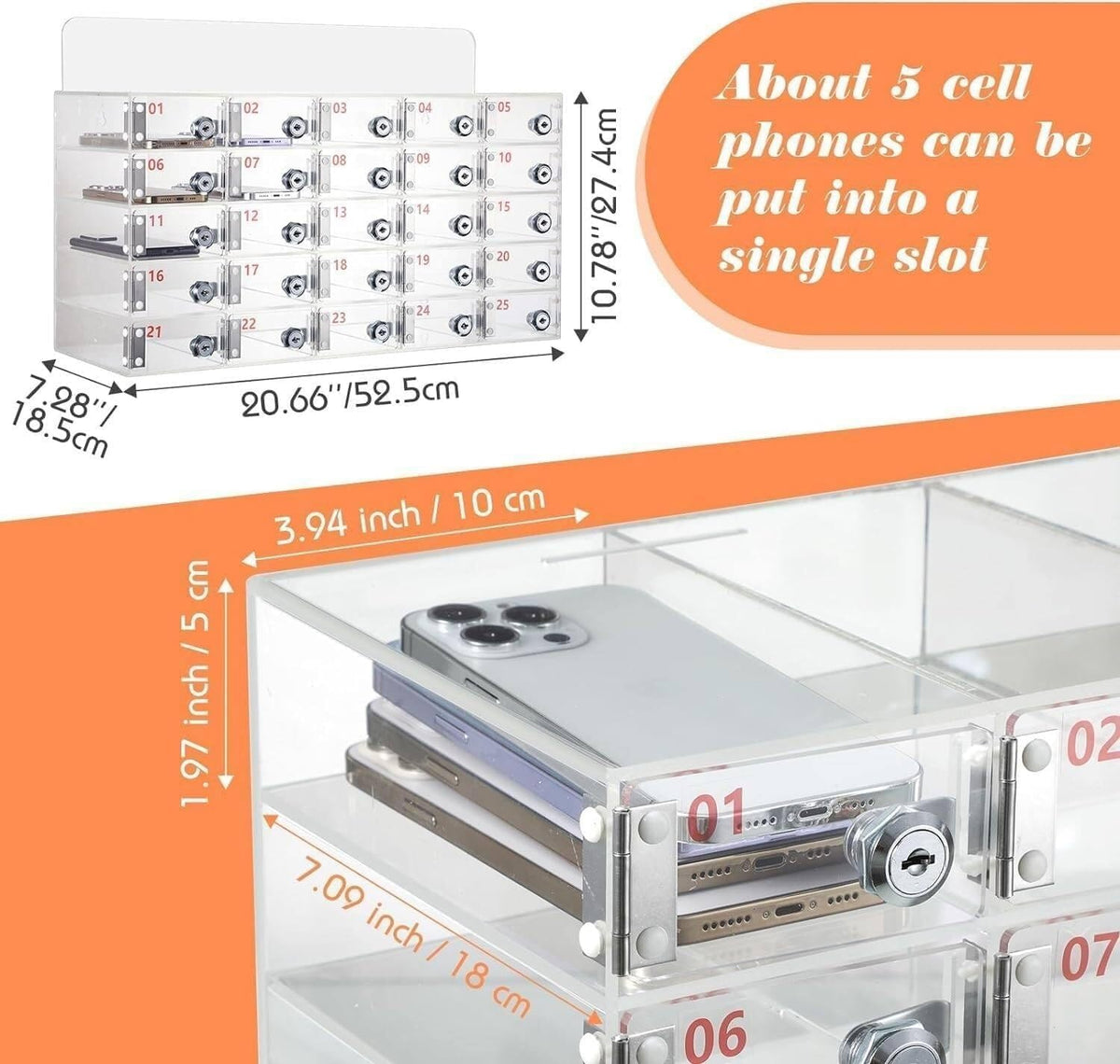 Transparent Acrylic Wallmounted Phone Charging Station 30 Slots Lockable with Keys Nized Storage for Mobile Devicesideal for OfficesHomes,One Color-25Slots