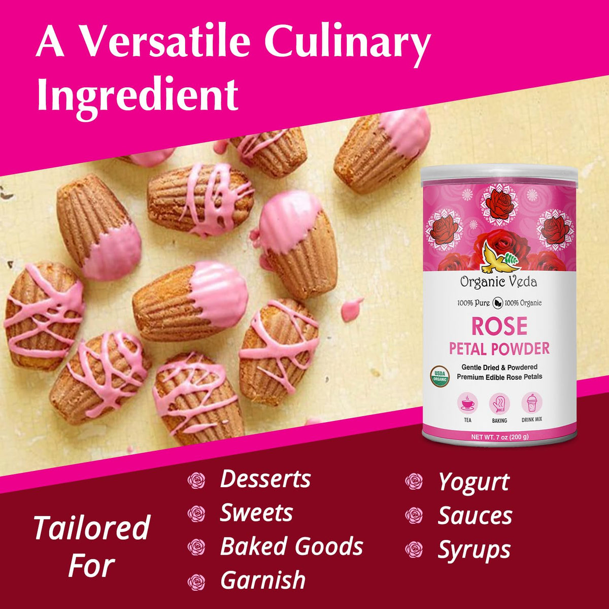 Organic Veda Rose Petals Powder - USDA Organic Edible Dried Rose Petals for Tea, Baking, Drink Mix, DIY Beauty Skin Care, Hair & Face Mask - 100% Pure Rose Powder for Culinary & Aromatherapy, 7 oz