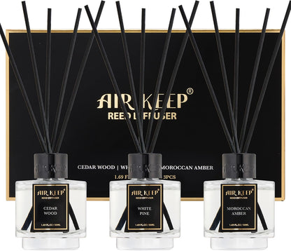 Airkeep Reed Diffuser Set of 3 for Bathroom Air Fresheners, Oil Diffuser Sticks | Cedar Wood,White Pine Moroccan Amber Scent Diffuser(1.7 fl oz*3) Fragrance with 18 Sticks Defusers | Shelf Decor