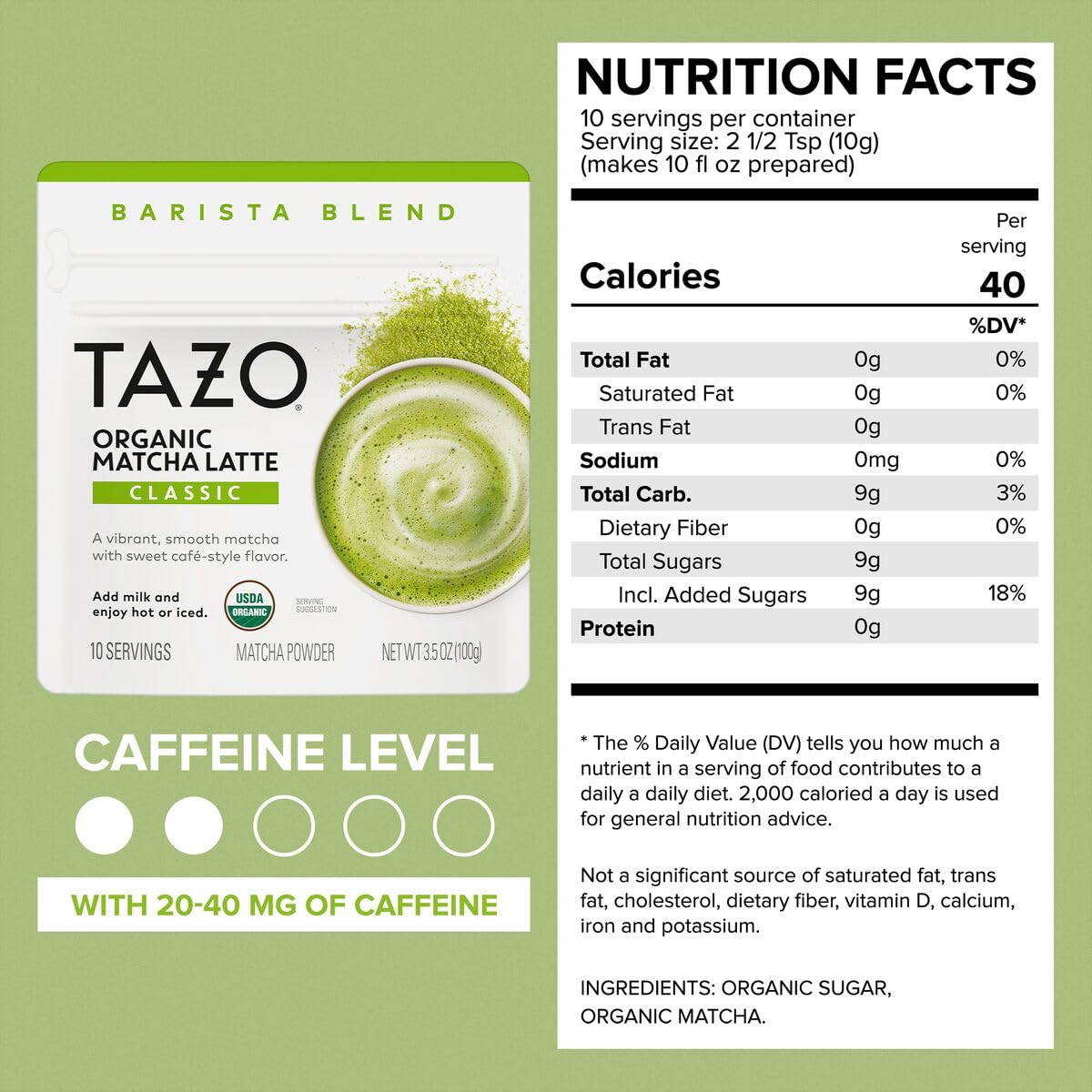 TAZO Organic Classic Matcha Latte Powder, Café Style Matcha Latte Mix, Easy Hot or Iced Matcha Latte, Sweetened with Organic Sugar and Matcha Powder, 10 Servings, 3.5 oz Pouch