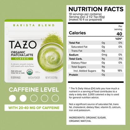 TAZO Organic Classic Matcha Latte Powder, Café Style Matcha Latte Mix, Easy Hot or Iced Matcha Latte, Sweetened with Organic Sugar and Matcha Powder, 10 Servings, 3.5 oz Pouch