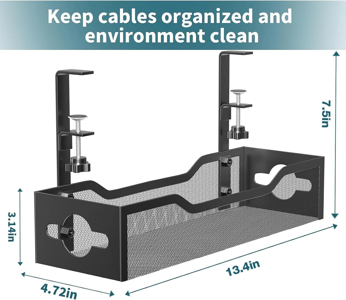 Under Desk Cable Management Tray No Drill, Metal Mesh Cable Management Under Desk with Clamp Mount, 2 Hole Cable Tray with Wire Management and Cord Organizer for Home Office Standing Desk
