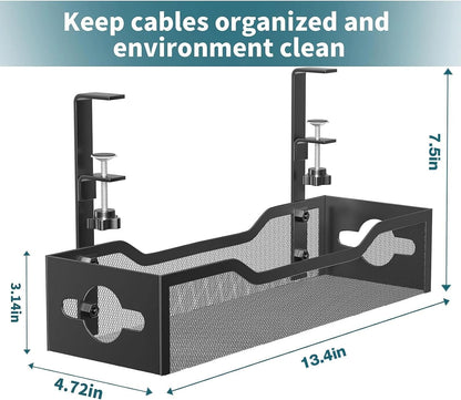Under Desk Cable Management Tray No Drill, Metal Mesh Cable Management Under Desk with Clamp Mount, 2 Hole Cable Tray with Wire Management and Cord Organizer for Home Office Standing Desk