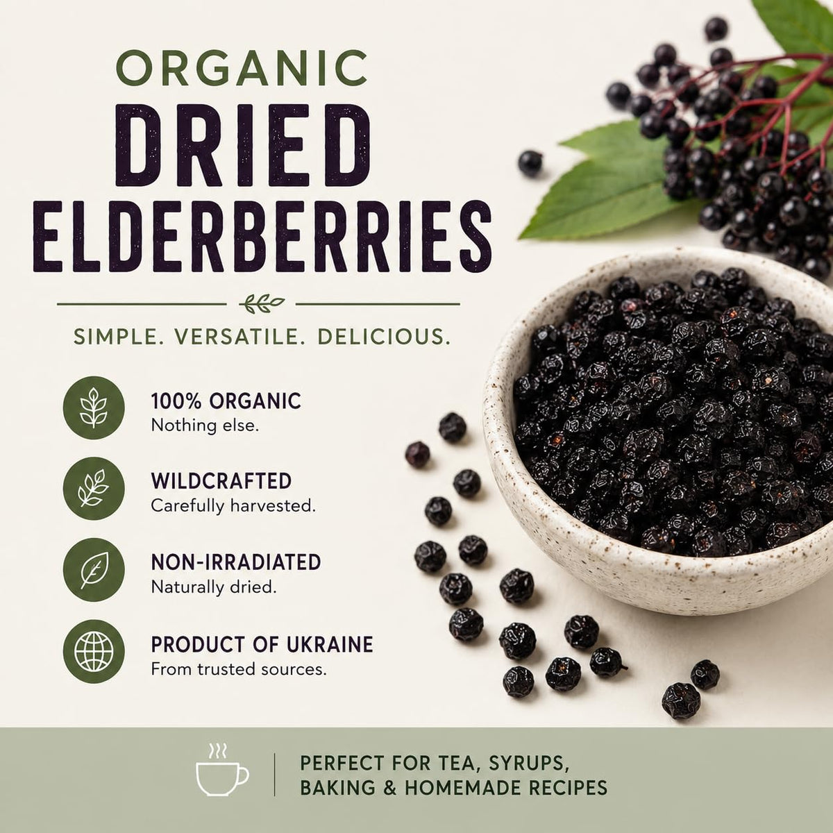 Nature's Greatest Foods Organic Dried Elderberries, Non-GMO, 1lb Bag