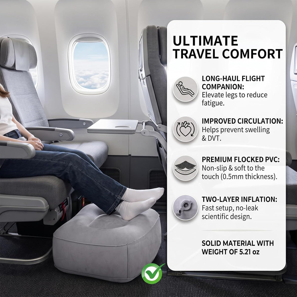 Inflatable Foot Rest for Airplane Travel & Office, Portable Leg Rest Pillow, Elevating Feet for Economy Flight, Home Desk, Car Use - Grey