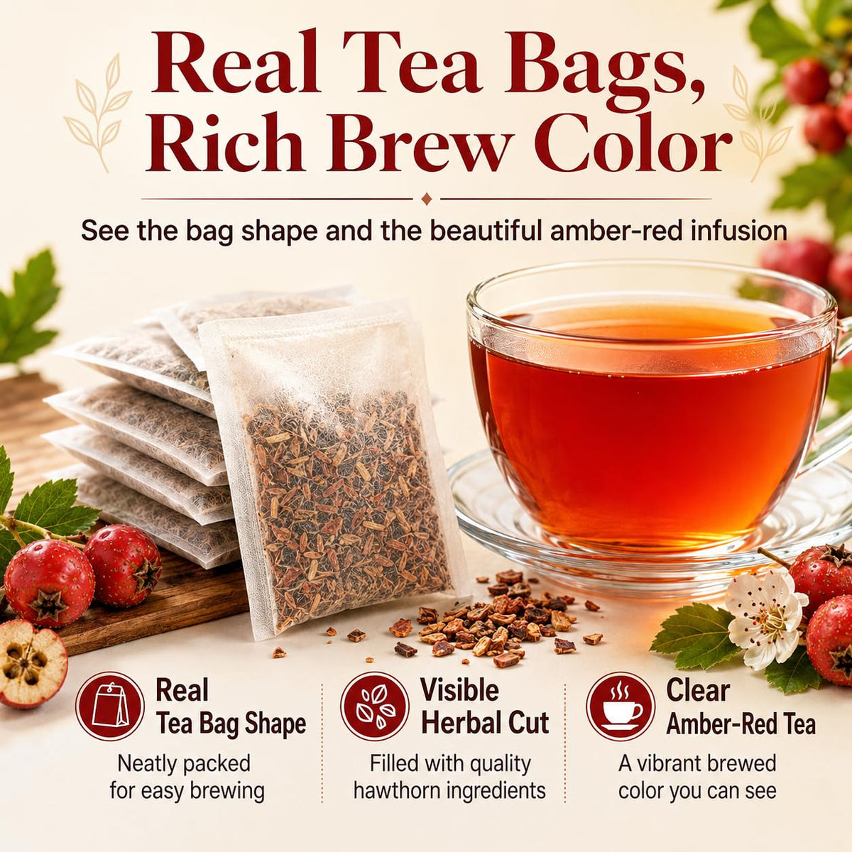 WOTIHA Hawthorn Berry Tea Bags, 65 Count - 100% Natural Dried Herbal Tea