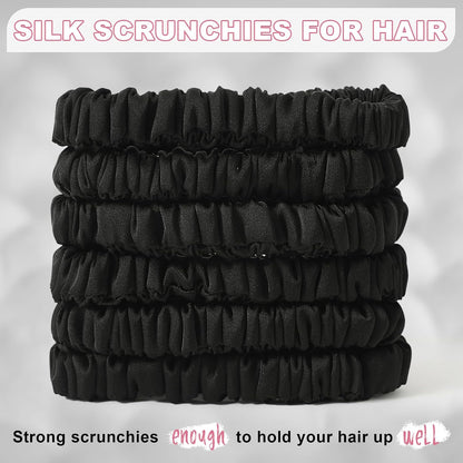 6Pcs Silk Hair Ties 100% Pure Mulberry Silk Scrunchies for Women Girls | No Hair Crease, Anti Frizz, Gentle Hold, No Damage, Black Brown Pink