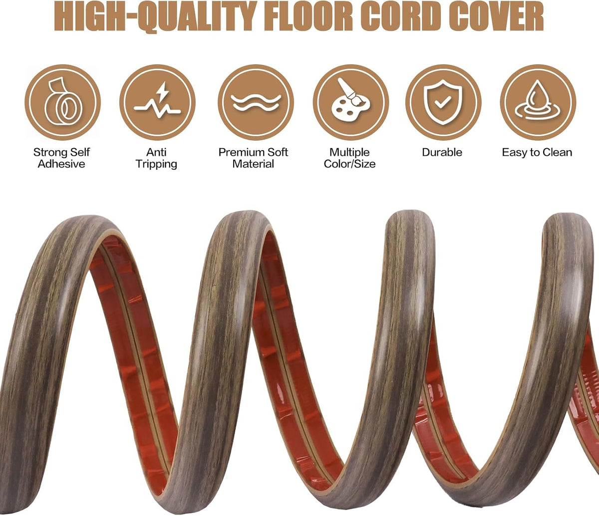Floor Cord Cover Self Adhesive Cord Hider,10FT Cable Management, Extension Strip Protector for Wires, Prevent Cable Trips for Offices, Gyms, Exhibitions Cavity 0.39"(W) x 0.27"(H) BrownWood