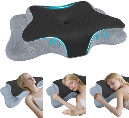 CHxxy Cervical Neck Pillow for Pain Relief Sleeping, Memory Foam Pillows, Ergonomic Side Sleeper Pillows, Cooling Orthopedic Neck Support Pillow for Back Stomach Sleepers-Queen Size Grey&Grey