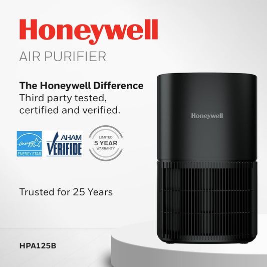 Honeywell Allergen Plus Compact Small Room HEPA Air Purifiers for Home, Up to 530 Ft² Coverage, 3-in-1 Filter, Pet Dander, Smoke & Odor Reducer Air Quality Sensor with Auto Mode, Grey, HPA125V