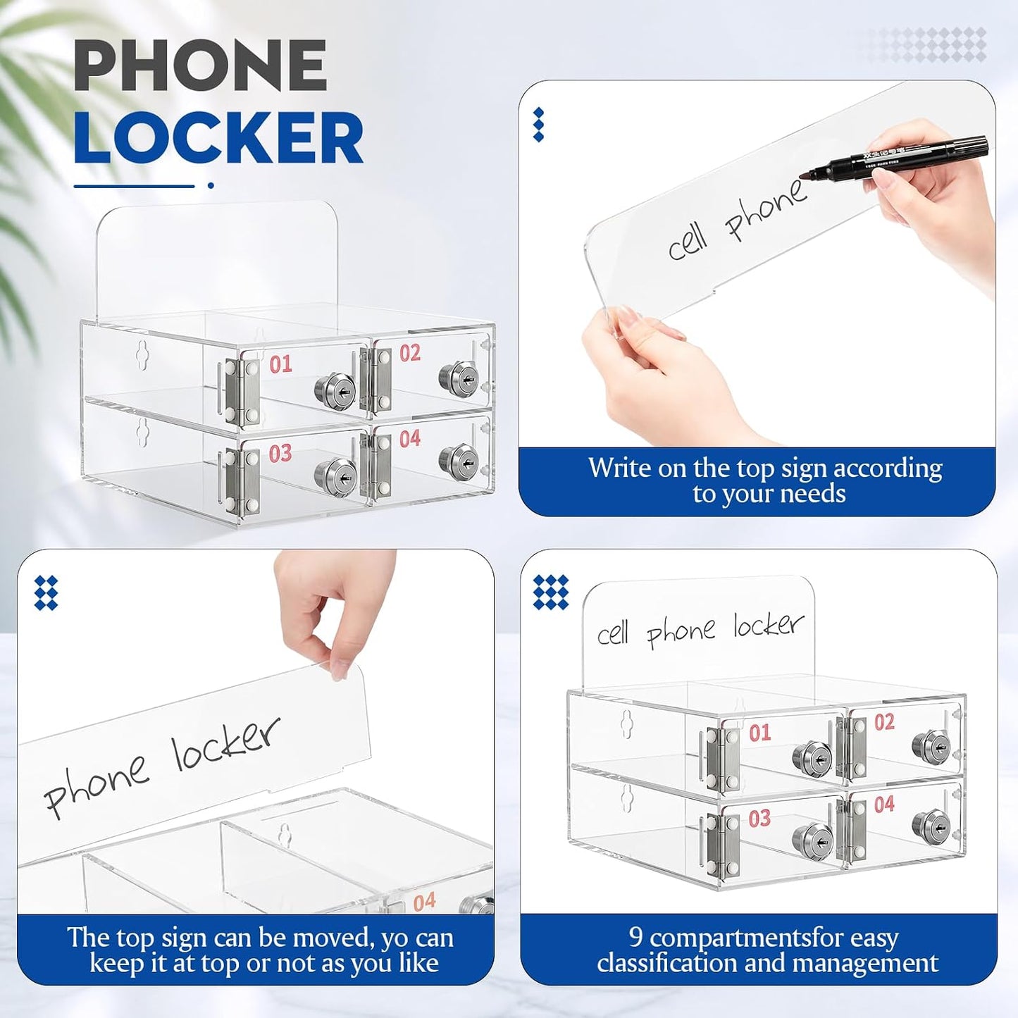 Threan 12 Slot Cell Phone Storage Box, Acrylic Clear Cell Phone Storage Cabinet Wall Mounted with Door, Locks and Keys for Office School Factory