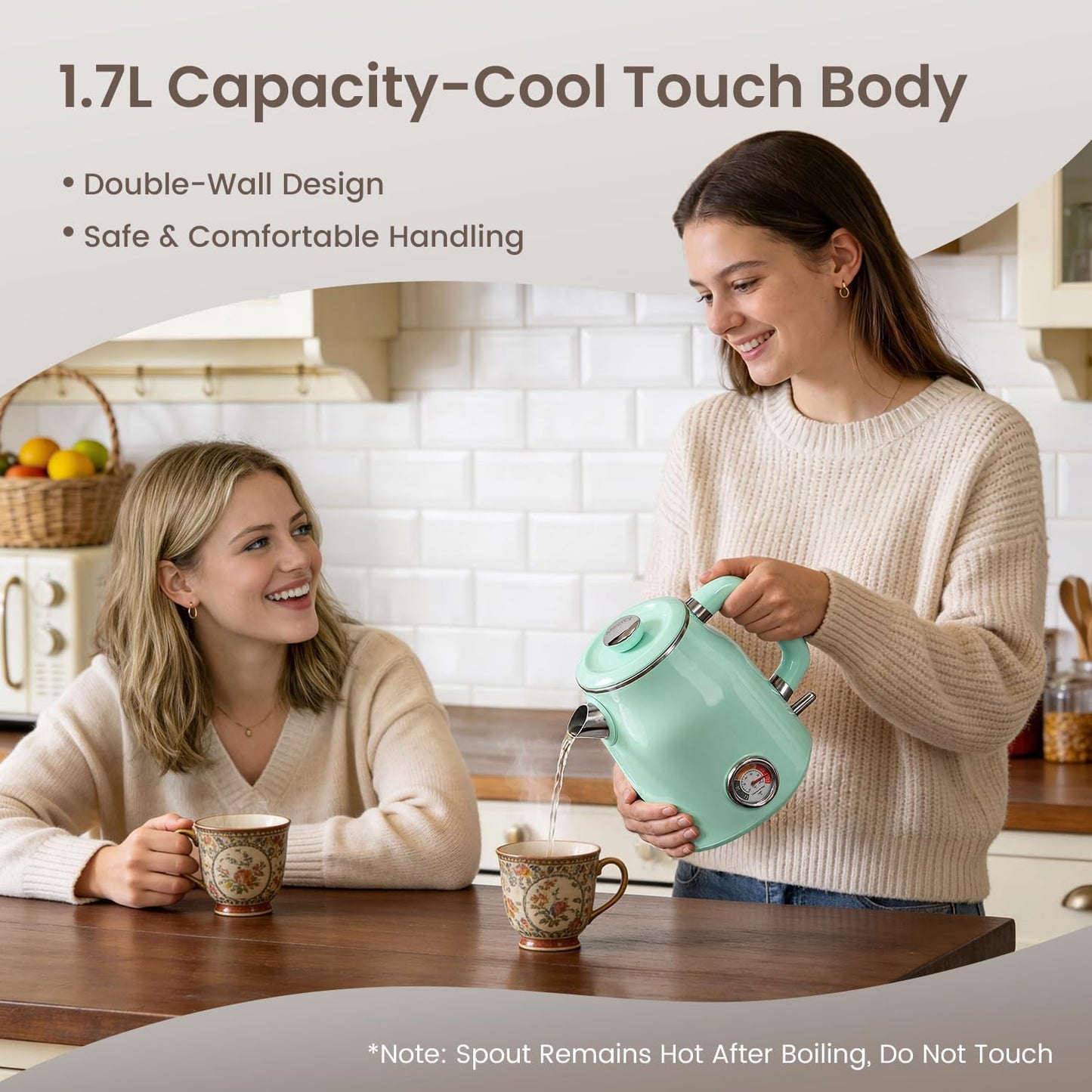 Mecity Retro Electric Kettle 1.7L, Stainless Steel Interior, Food-Grade Silicone Water Contact, Double Wall Cool Touch, 1500W Fast Boil, Thermometer (°F/°C), Wide Opening, Cream