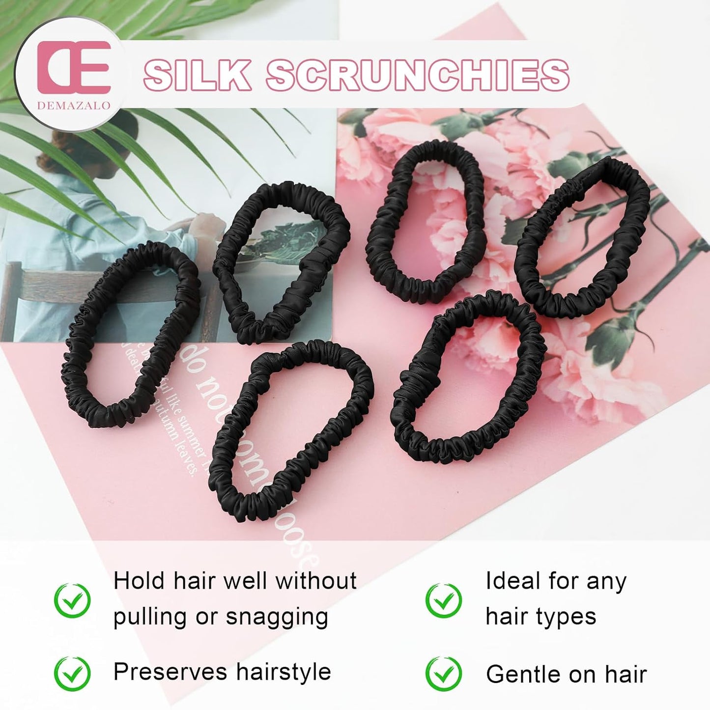 6Pcs Silk Hair Ties 100% Pure Mulberry Silk Scrunchies for Women Girls | No Hair Crease, Anti Frizz, Gentle Hold, No Damage, Black Brown Pink