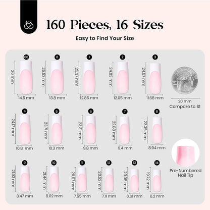 Beetles Press On Nail Kit-Short Square French Tip Press On Nails, 150Pcs Pink French Nail Tips with Nail Glue & Remover Builder Top Coat Nail Lamp, All-in-One DIY Fake Nails Gift for Women