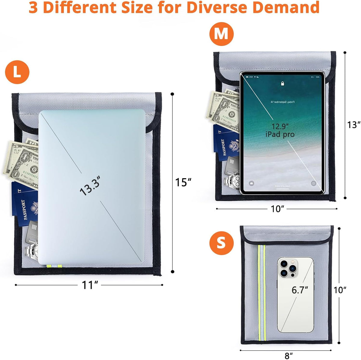 Fireproof Document Bag – 3 Pack (15" x 11", 13" x 9.7", 10.5" x 8") Fireproof & Water- proof Document Organizer | Document Holder with Zipper Secure for Cash, Passports, Check& More