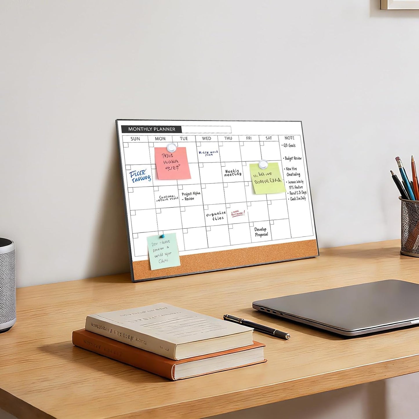 ARCOBIS Dry Erase Calendar with Cork Board for Wall, 24"x 18" Magnetic Calendar Whiteboard with Black Frame, Monthly Combination Board for School, Home, Office