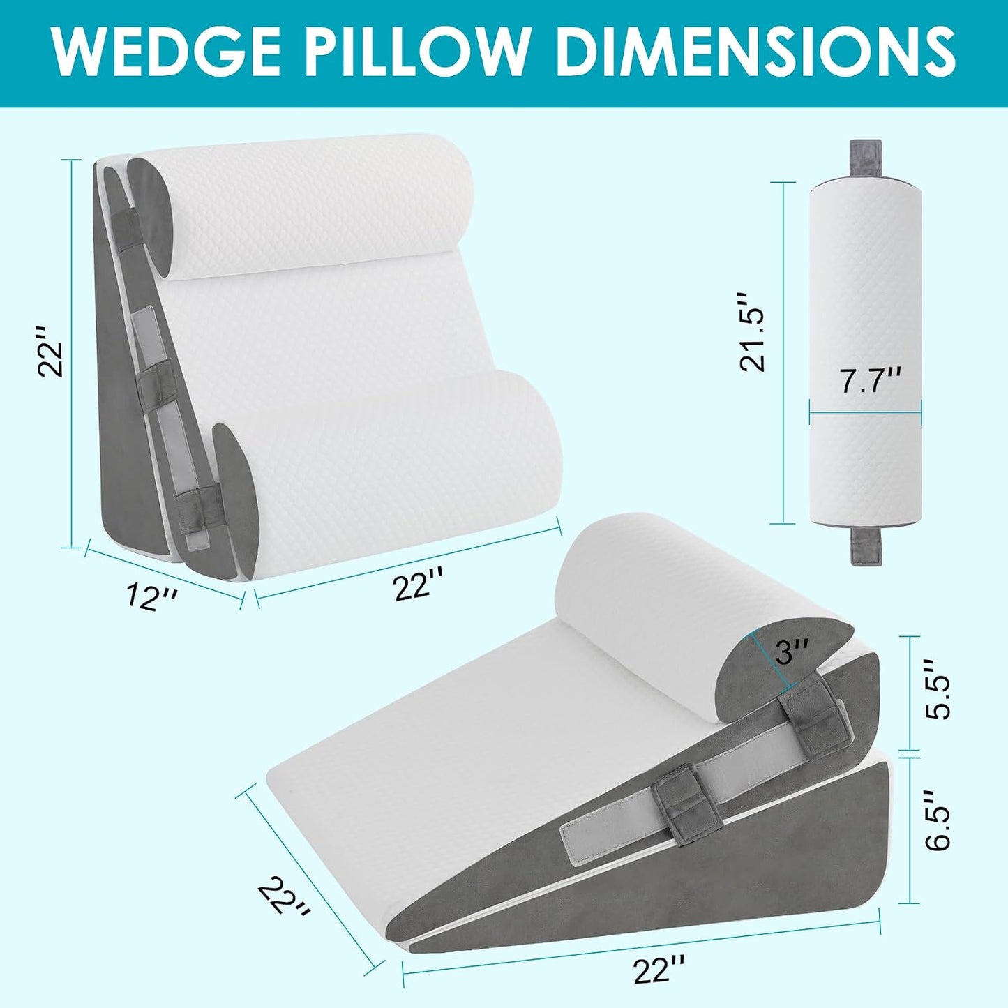3Pcs Wedge Pillow Set for After Surgery,Acid Reflux Relief, Adjustable Bed Wedge Pillows for Sleeping,Anti Snore, Memory Foam Triangle Pillow for Back&Neck&Shoulder Pain Relief, White&Grey