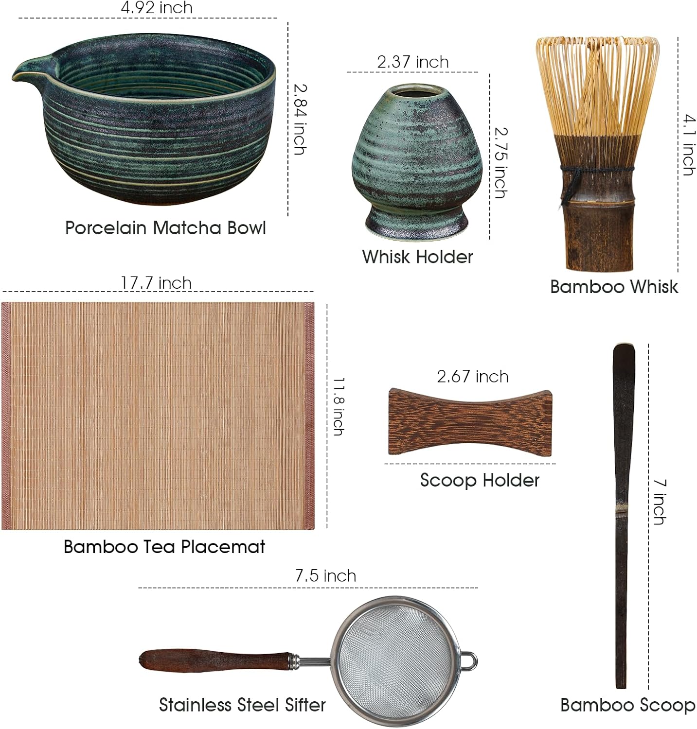 Matcha Whisk Set 7-Piece with Handmade Matcha Bowl & 100-Prong Purple Bamboo Whisk (Chasen), Complete Matcha Kit with Holder, Scoop & Rest, Bamboo Tea Mat, Gift-Ready Matcha Set