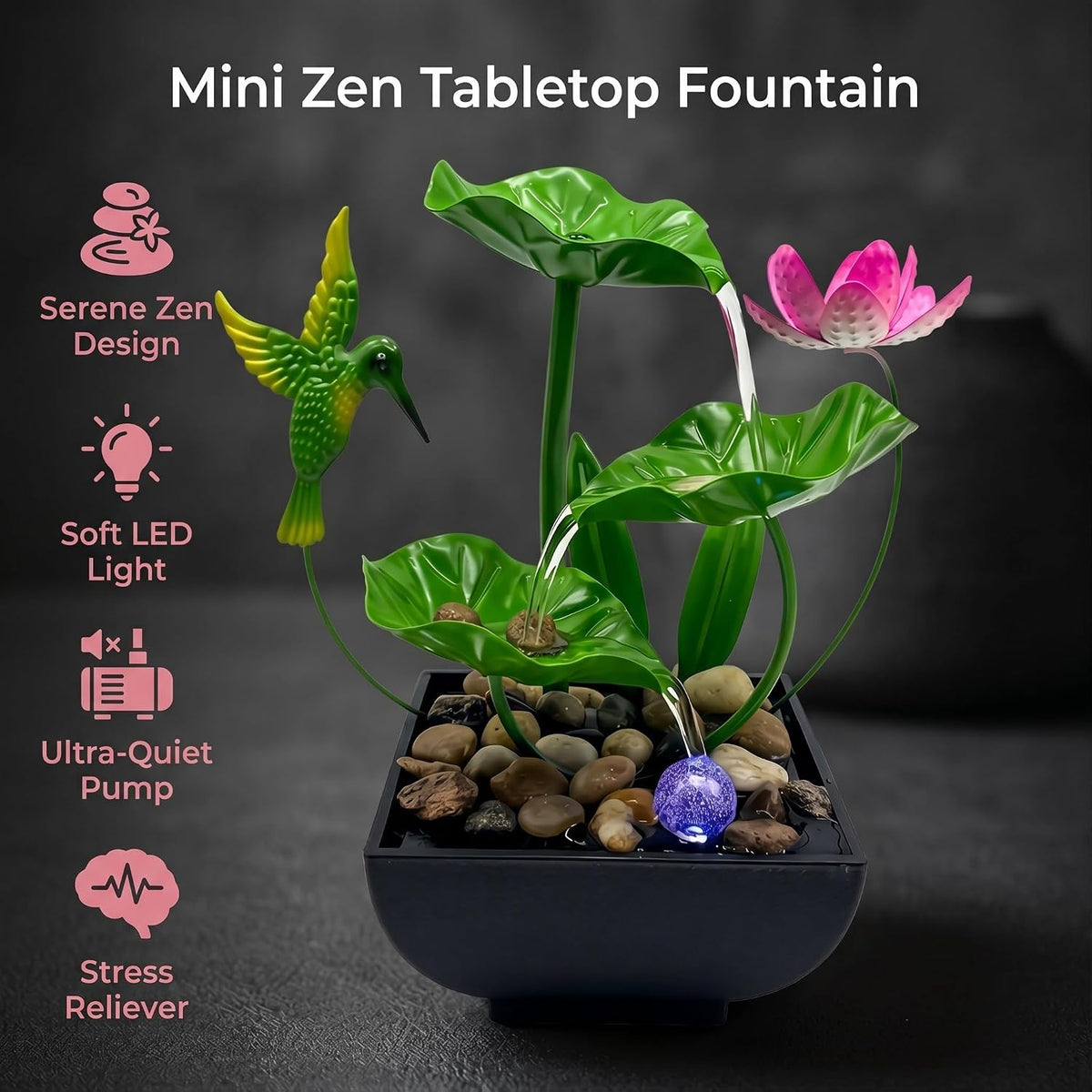 Tabletop Fountain,Indoor Water Fountain,Home Fengshui Décor Zen Relaxation Soothing Sound Machine for Office,Living Room,or Bedroom,Green Lotus,Hummingbird & Pink Flower,9.1inch