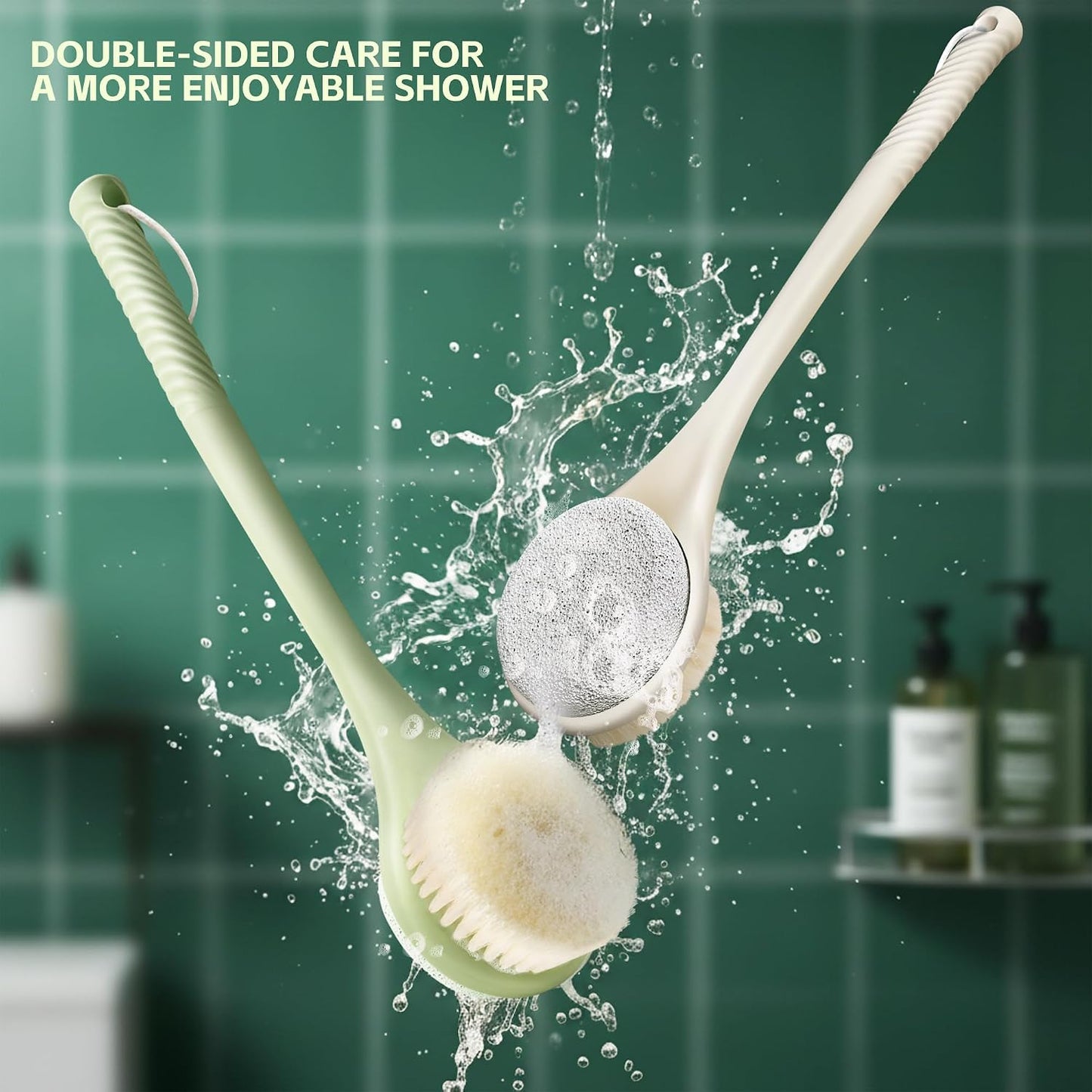 Back Scrubber for Shower, 15.7" Loofah with Handle, Back Shower Brush with Bristles and Loofah, Dry Brushing Body Brush for Cleanse Back and Hard to Reach Areas with Curved Long Handle