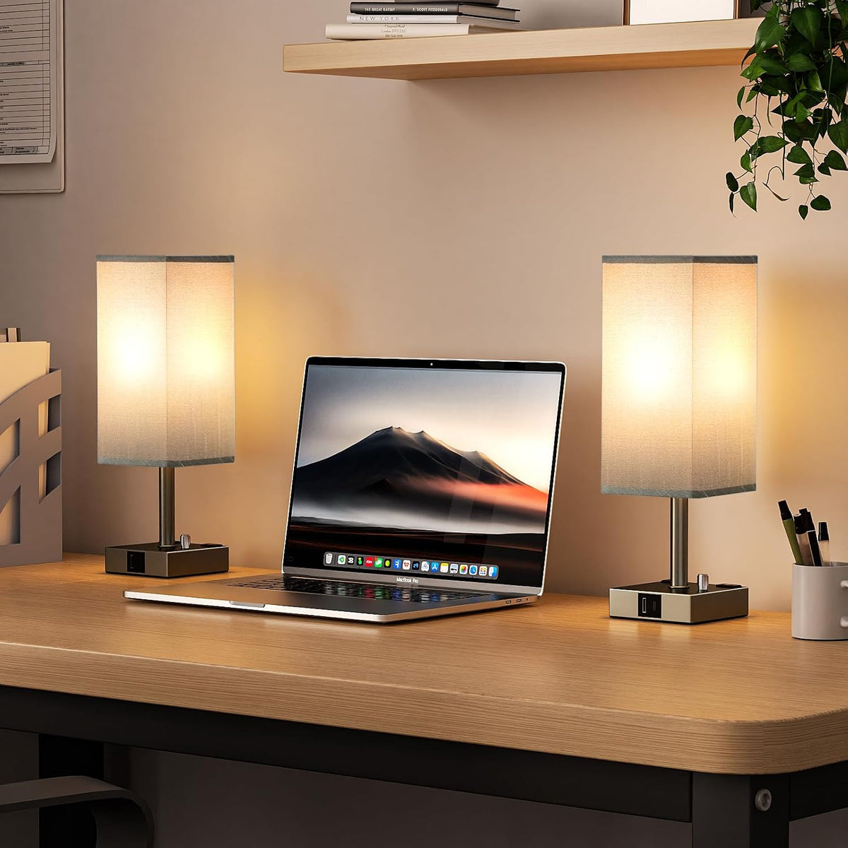 Bedside Table Lamps Set of 2 for Bedroom - Dimmable, USB C+A, 2 AC Outlets