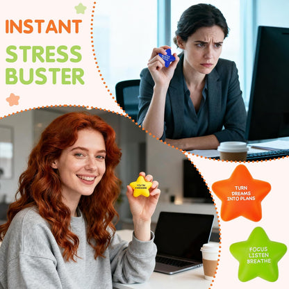 SHQDD 12PCS Bulk Star Stress Balls for Adults & Kids - Motivational Quotes Soft Foam Stress Relief Squeeze Toys, Fidget Anxiety & Anger Relief at Work/School/Home, Perfect Party Favors (Multi-Color)