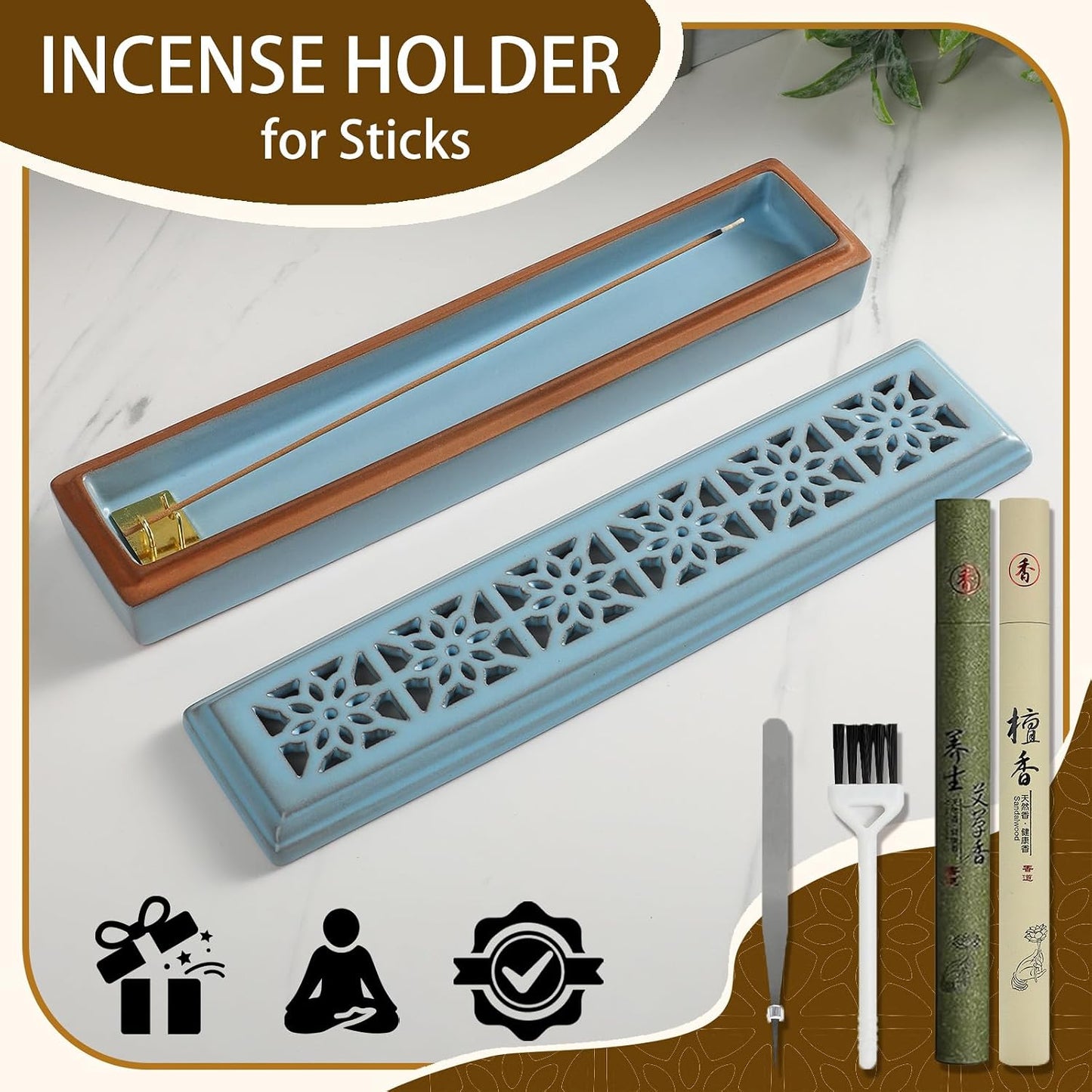 CEREMONY Incense Holder for Sticks, Ceramic Insence-Stick Holder Ash Catcher, Incense Holder Timkburner for Meditation Yoga Spa Room Incense Holder (Lever Brown)