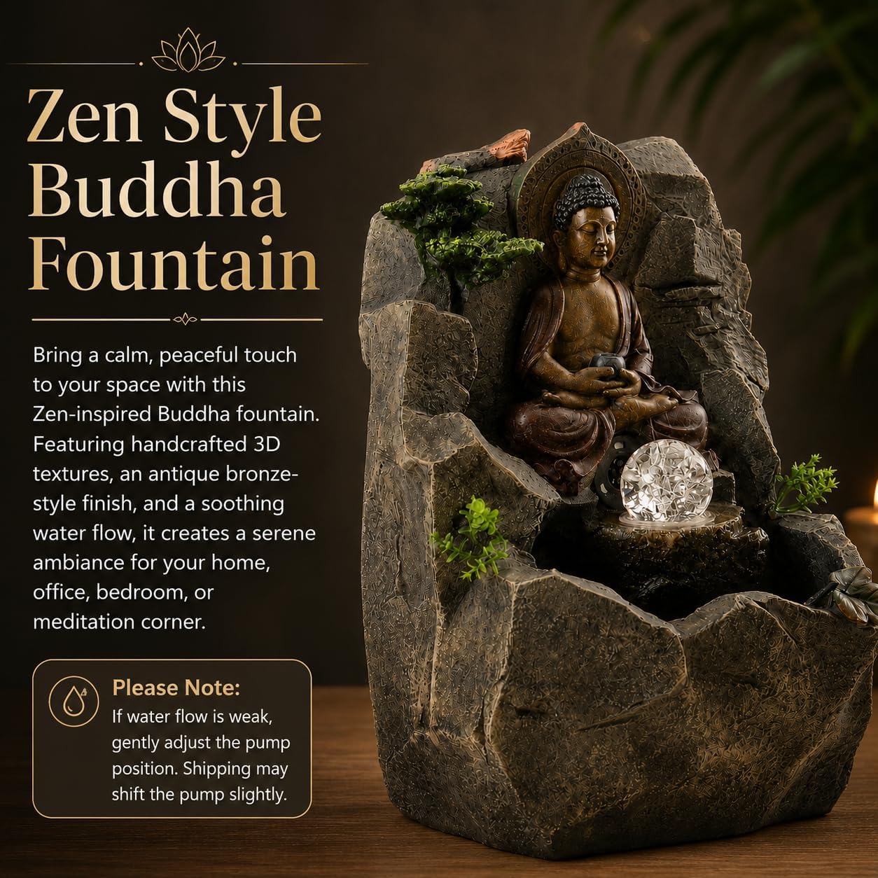 Indoor Tabletop Water Fountain with LED Light, Resin Rock-Look Waterfall Decor, Feng Shui Inspired Zen Fountain for Desk, Office, Bedroom, Living Room & Meditation Space (9" Cascading Rock)